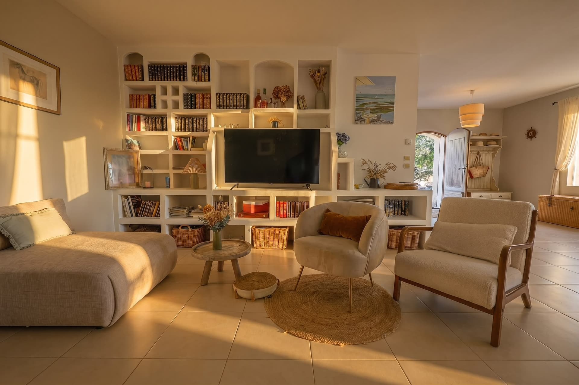 Salon bibliothèque avec télévision et rangements sur mesure